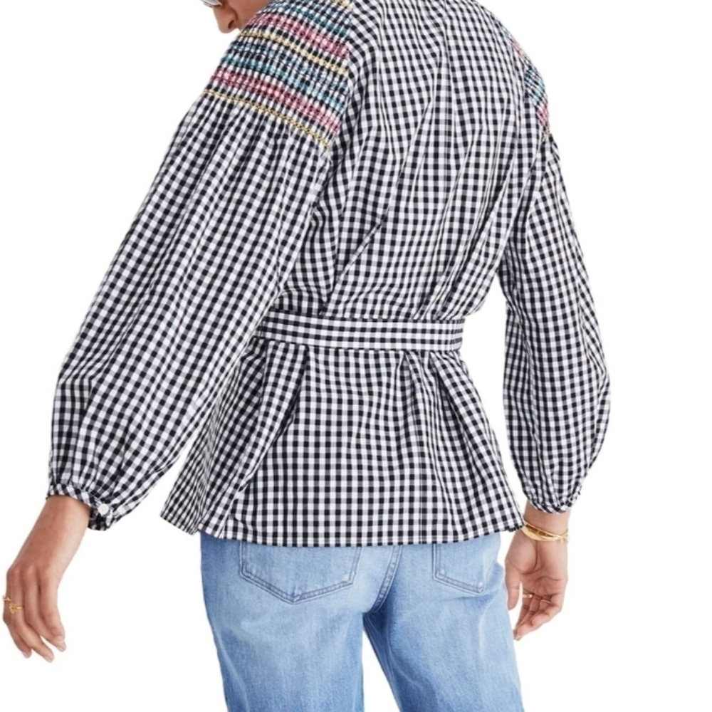 MADEWELL Gingham Smocked Blouse Tie Waist Top Blouse S! - Picture 3 of 7
